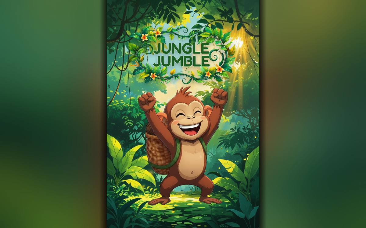 Jungle Jumble — Sassy the monkey celebrating in a painted jungle scene with the JUNGLE JUMBLE wordmark woven into a vine frame above